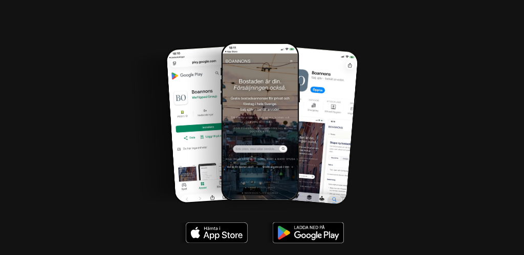 Boannons-appen på iPhone och Android, med nedladdning från App Store och Google Play.