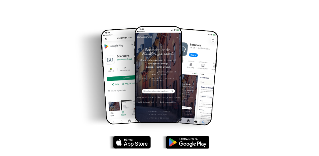 Boannons-appen på iPhone och Android, med nedladdning från App Store och Google Play.